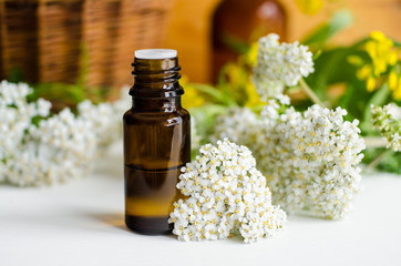 Small bottle with essential yarrow oil. Aromatherapy, herbal medicine and spa ingredient.