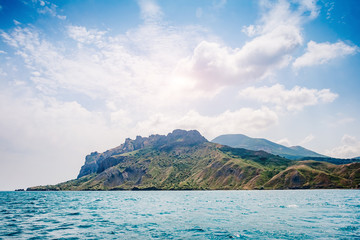 Fototapeta premium Karadag mountain range in Crimean mountains, an ancient extinct volcano.