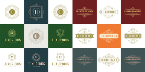 Vintage logos templates set, vector flourishes calligraphic elegant ornaments frames and borders.