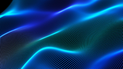 Futuristic dots pattern on dark background. Colored music wave. Big data digital code. Technology or Science Banner. 3D rendering