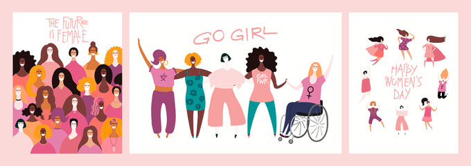 Set of womens day card, banner designs with beautiful diverse women and quotes. Hand drawn vector illustration. Flat style. Concept, element for feminism, girl power. Female cartoon characters.