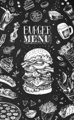 Burger menu design template for restaurants and cafes. White chalk icons on black. Hand drawn hamburger sketch, french fries, tacos, burritos, beer and pizza. Vector vintage retro illustration