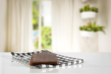 desk of free space and spring window background 