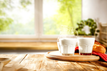 Desk of free space and fresh cold milk on table 