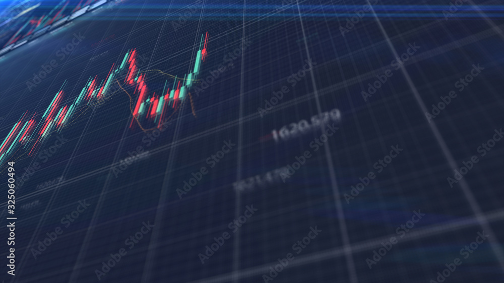 Aufkleber Stock Market Trading, Forex, Crypto Currency with technical price graph indicators and data numbers mock up screenshot for trading financial and investment concept
