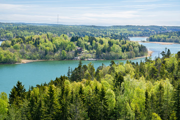 Fototapeta premium Coastal and Farjsundet strait view from viewing tower, Godby, Aland Islands