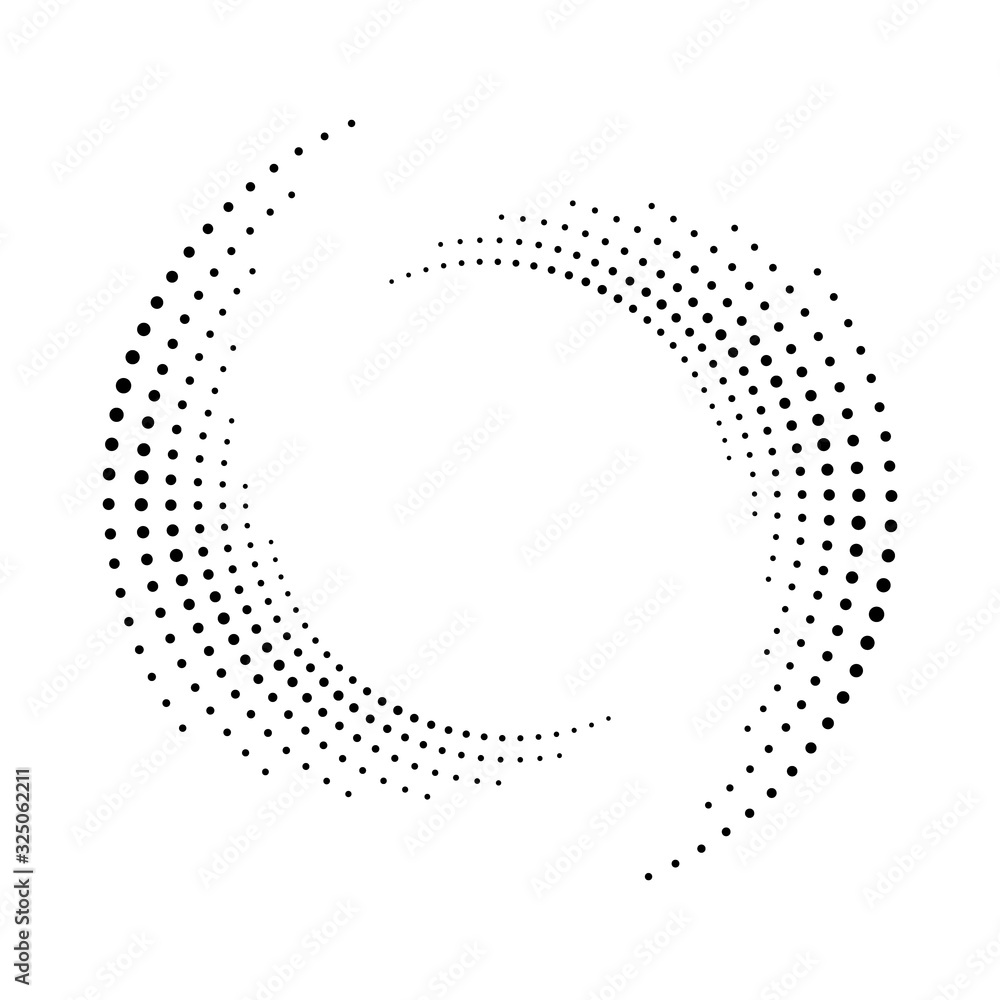 Poster spiral dots backdrop. halftone shape, abstract logo emblem or design element for any project. segmen
