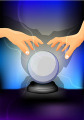 Magic blue crystal ball of glass on a stand with the hands of a wizard, magic illustration