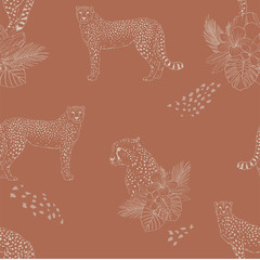Cheetah hand drawn vector seamless pattern. Wild exotic cat sketch backdrop. Jaguar inky drawing. Animalistic textile print, leopard wallpaper design
