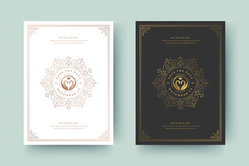 Wedding invitation save the date card template golden flourishes ornaments vignette swirls