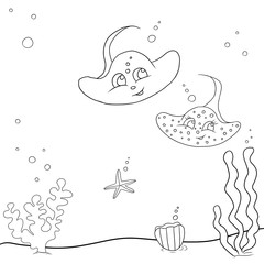 Sea animals. Stingray. Ocean. Coloring page. Cute and funny cartoon characters. Coloring page for children