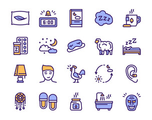 Sleep and insomnia color linear vector icons set.