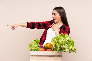 Farmer with freshly picked vegetables in a box isolated on beige background pointing finger to the side