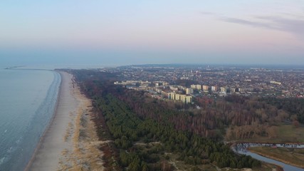 Aerial photo of city of Liepaja with sea on side