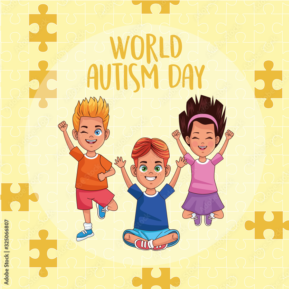 Poster world autism day kids with puzzle pieces