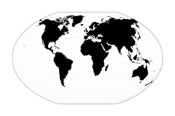 World shape. Winkel tripel projection. Plane world geographical map with graticule lines. Vector illustration.