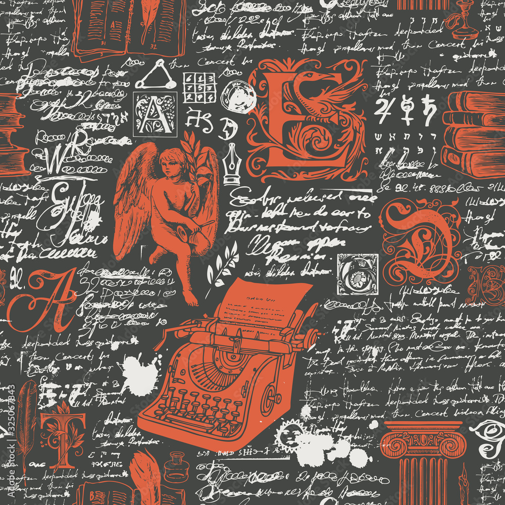 Poster vector seamless pattern on a writers theme. abstract background with unreadable handwritten notes an