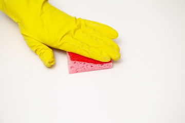 Close Up cleaning company worker hand holding sponge