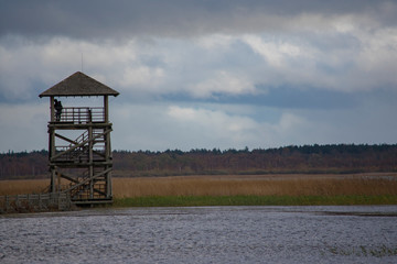 Floating wooden viewing tower on water.Latvia. Cloudy blue sky background