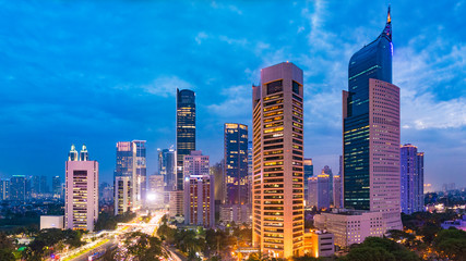 Aerial view of Jakarta's Central Business District at dusk (blue hour). Jakarta cityscape at...