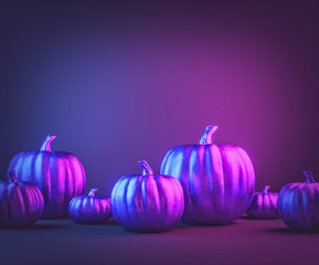 halloween pumpkins in vibrant gradient holographic neon colors. Minimal surrealism background. copy space. 3d rendering