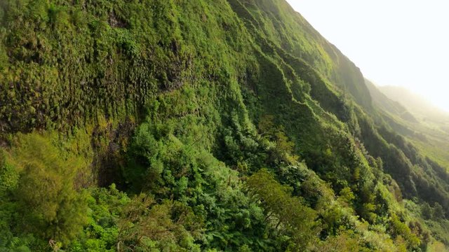 Slow motion, FPV, drone shot, on the side of a Hawaiian mountain, over green lava shaped formations, on a sunny evening, in Oahu, Hawaii, USA