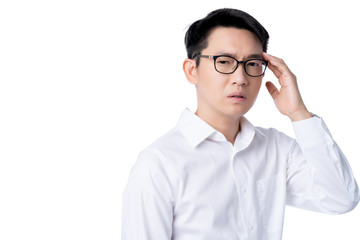 sick asian glasses male adult Headaches & Migraines hand touch head with stressful and tension white background health ideas concept