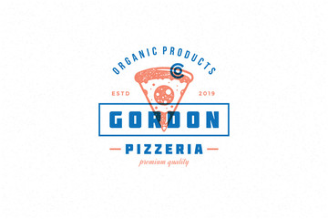 Hand drawn logo pizza slice silhouette and modern vintage typography retro style vector illustration.