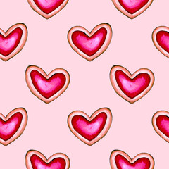 Happy Valentine's Day seamless pattern background. Set hearts of love cookies. Watercolor card.