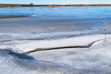 Melting ice. Spring ice drift on the river.