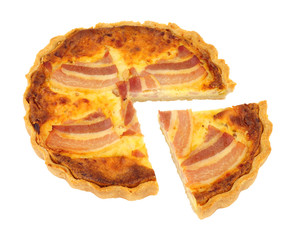 Maple bacon and cheddar cheese quiche isolated on a white background