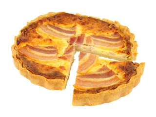 Maple bacon and cheddar cheese quiche isolated on a white background