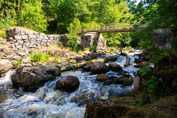 View of The Latokartanonkoski rapids and ruins of the old mill in summer, Pernio, Salo, Finland