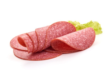 Sliced Salami smoked sausage, isolated on white background