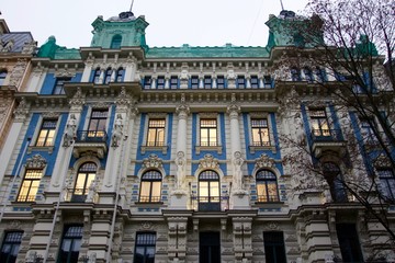 Facade of a beautiful building in art noveau in Riga city center, Lavtia 