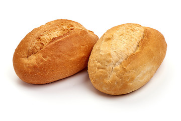 Freshly baked crispy bread rolls, isolated on white background