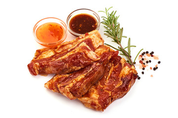 Marinated pork steak ready for cooking, Meat for BBQ, isolated on white background