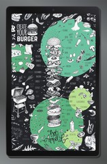 Burger menu design on tablet screen for restaurant and cafe. Chalk drawing cooking icons for infographic template. Hand drawn hamburger sketch. Vector vintage illustration
