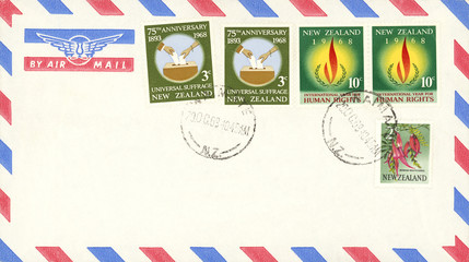 Luftpost airmail Neuseeland New Zealand vintage retro air mail Human Rights 1968 Flamme...