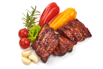 Delicious grilled pork ribs in BBQ, isolated on white background