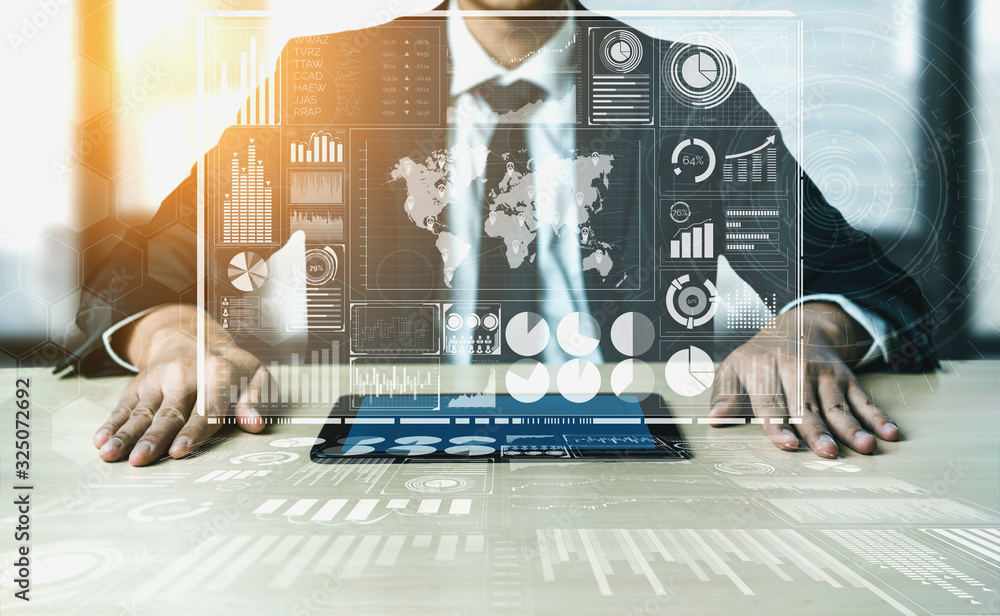 Poster big data technology for business finance analytic concept. modern graphic interface shows massive in