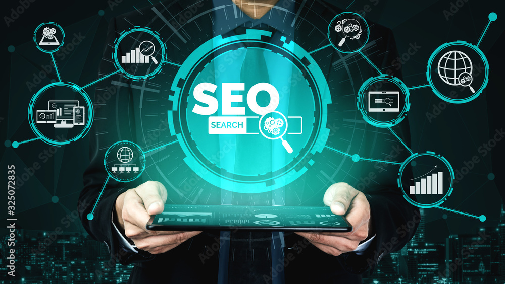 Poster seo - search engine optimization for online marketing concept. modern graphic interface showing symb