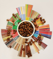 Specialty coffee concept. Roasted coffee beans in white cup on taster's flavor wheel. Top view