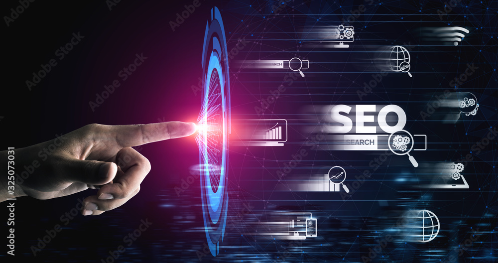 Poster seo - search engine optimization for online marketing concept. modern graphic interface showing symb