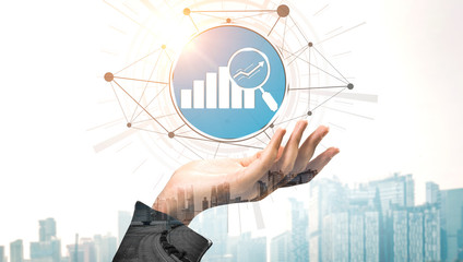 Finance and Money Transaction Technology Concept. Icon Graphic interface showing fintech trade exchange, profit statistics analysis and market analyst service in modern computer application.