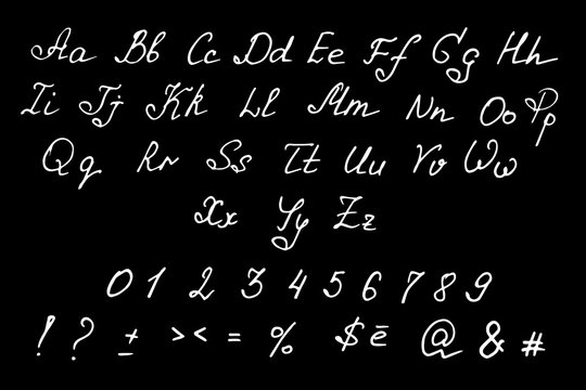 Vector handwritten English alphabet and numbers. Doodle font isolated on blackboard. 
