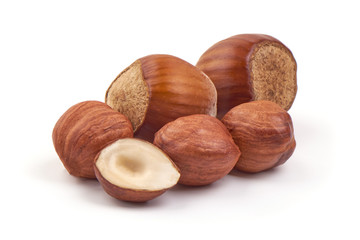 Raw Natural Organic hazelnuts, isolated on white background