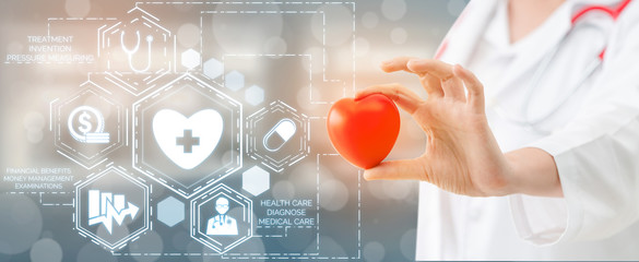 Health Insurance Concept - Doctor in hospital with health insurance related icon graphic interface...