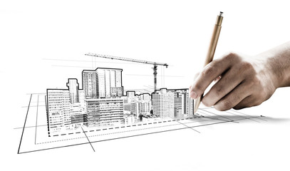 City civil planning and real estate development - Architect people looking at abstract city sketch...