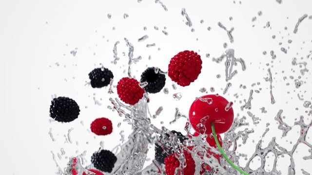 Many red and black raspberry and cherry explosion with liquid water splash and water drops around. Close up of fresh 3D realistic fruits with alpha matte. 4K render animation footage.